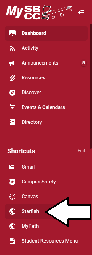 Starfish link location in shortcuts menu of campus pirtal navigation menu
